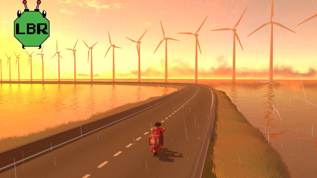 A Pizza Delivery B On Vespa Driving Down Highway Near Windmills