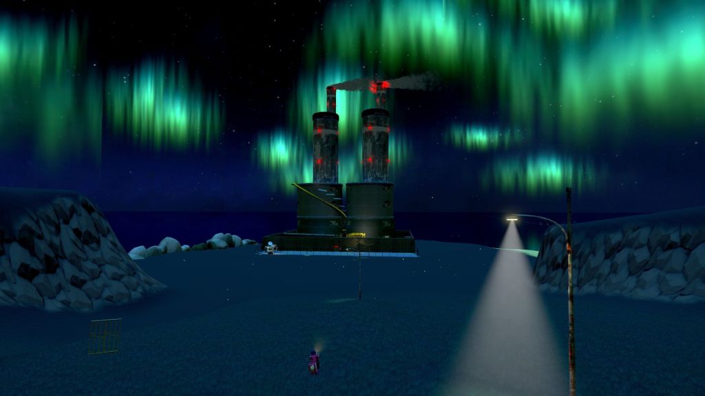 B Driving Up To A Factory Beneath Northern Lights